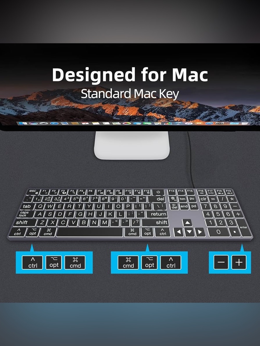 POWZAN Large Print Aluminum Bluetooth Keyboard for Mac / Ipad - 7 Backlit colors - Picture 6 of 16